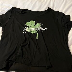 Black Graphic Tee with Green Shamrock "Here for the Shenanigans"